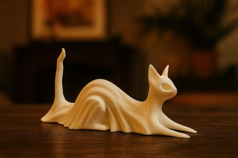 May include: A cream-colored cat sculpture with a draped design. The cat is in a reclining pose, with its tail raised. The sculpture is on a wooden surface, with a blurred background.