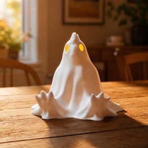 Bathed in warm late afternoon sunlight, a slumping chicken ghost figure sits with legs splayed out on a rustic dining table. The cozy room background enhances this macabre desk bird. Perfect as a cute spooky led lamp and weirdcore room decor, this funny glowing fowl brings cozy witchy accents to your home. It serves as a fantastic pastel goth oddity and goblincore dopamine piece. Add this alt dark aesthetic whimsigoth gift to your fairy garden items or coop accessories collection today.
