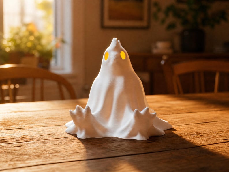Bathed in warm late afternoon sunlight, a slumping chicken ghost figure sits with legs splayed out on a rustic dining table. The cozy room background enhances this macabre desk bird. Perfect as a cute spooky led lamp and weirdcore room decor, this funny glowing fowl brings cozy witchy accents to your home. It serves as a fantastic pastel goth oddity and goblincore dopamine piece. Add this alt dark aesthetic whimsigoth gift to your fairy garden items or coop accessories collection today.