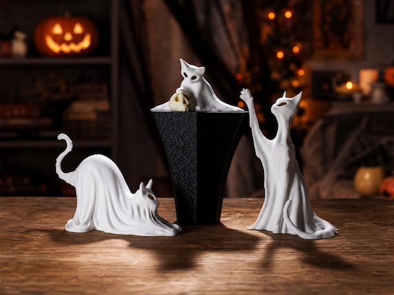 Halloween Ghost Cat Trio 3 Piece Set: Creepy Cute Fall Decoration, Eerie Shelf Sitter Boo Basket Gift, Whimsigoth Decor with a Witchy Vibe