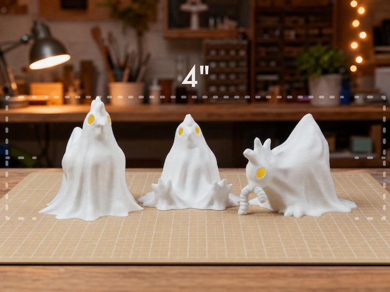 An informative graphic showing the glowing chicken ghost trio lined up, with a measurement overlay indicating heights range from 3 to 4 inches. These macabre desk bird figures act as a cute spooky led lamp set, bringing weirdcore room decor and cozy witchy accents to any shelf. Each funny glowing fowl is a unique pastel goth oddity. Perfect for alt dark aesthetic displays, these whimsigoth gifts deliver goblincore dopamine and double as beautifully eerie indoor fairy garden items.