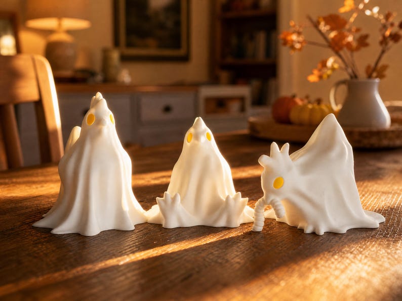 A trio of funny glowing fowl statues, our glowing chicken ghost trio, sits bathed in golden late afternoon sunlight on a dining table. The shadows highlight the drapey, ghostly sheets of these macabre desk bird figures. Designed as a cute spooky led lamp, this set provides cozy witchy accents and weirdcore room decor. Whether you need fairy garden items or a pastel goth oddity, these goblincore dopamine gifts fit perfectly into an alt dark aesthetic dining room or whimsigoth home.
