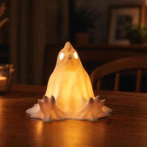 A funny glowing fowl sits lazily with its legs sticking straight out on a dining table at night. A lit candle sits to one side, complementing the warm glow of this cute spooky led lamp. This chicken ghost figure provides cozy witchy accents and weirdcore room decor. As a pastel goth oddity and macabre desk bird, it enhances your alt dark aesthetic. Perfect for goblincore dopamine gifts and whimsigoth styling, this tea light holder alternative makes an incredible cute spooky nightstand lamp.