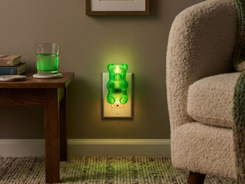 A bright green gummy bear night light is plugged into the wall of a warmly lit, cozy living room setting, adding a burst of vivid color to the relaxed environment. This maximalist gift operates as an eccentric fixture and a nostalgic ornament, providing the ultimate kidcore aesthetic room vibe. If you want to buy weirdcore room accent piece decor, this glowing candy shape is the perfect dopamine decor gummy bear night light to elevate your space with some retro kitsch glowing candy art magic.
