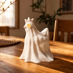 Standing tall in late afternoon sunlight, this chicken ghost figure rests on a dining table in a cozy room with wall pictures and a chair. This funny glowing fowl functions as a cute spooky led lamp, providing weirdcore room decor and cozy witchy accents even when unlit. It is a striking macabre desk bird and pastel goth oddity, perfect for an alt dark aesthetic. Give the gift of goblincore dopamine with this whimsigoth item, an excellent addition to indoor fairy garden items or decor.
