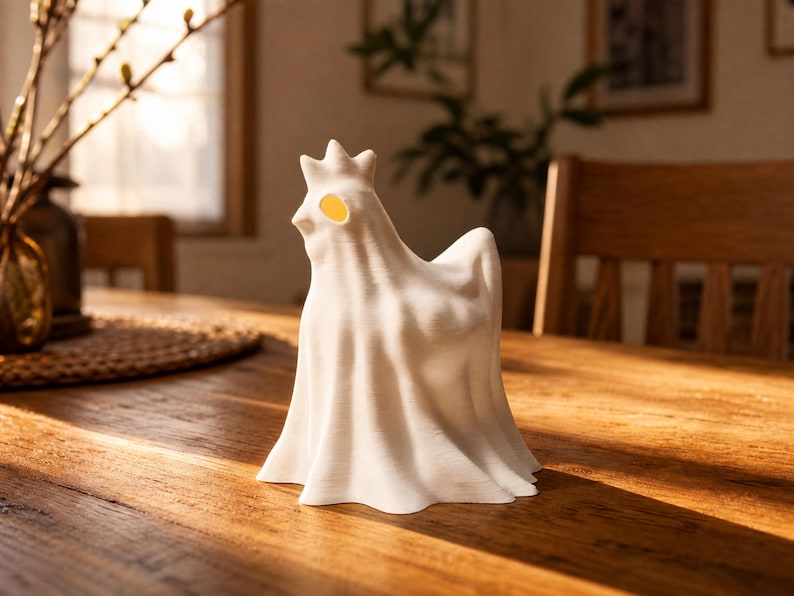 Standing tall in late afternoon sunlight, this chicken ghost figure rests on a dining table in a cozy room with wall pictures and a chair. This funny glowing fowl functions as a cute spooky led lamp, providing weirdcore room decor and cozy witchy accents even when unlit. It is a striking macabre desk bird and pastel goth oddity, perfect for an alt dark aesthetic. Give the gift of goblincore dopamine with this whimsigoth item, an excellent addition to indoor fairy garden items or decor.
