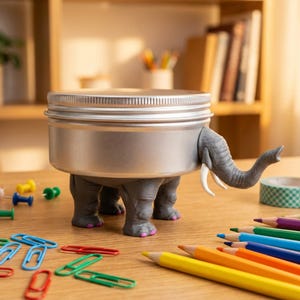 Side profile of the textured elephant tin, highlighting its whimsical pink toenails and curved trunk. This unique secret compartment stash tin makes the ultimate gift for elephant lover decor fans. The detailed, highly tactile design shows exactly why this serves as a perfect custom quirky novelty tin gift. If you are looking to buy weirdcore aesthetic room decor, this delightfully odd pachyderm is exactly what your desk needs.