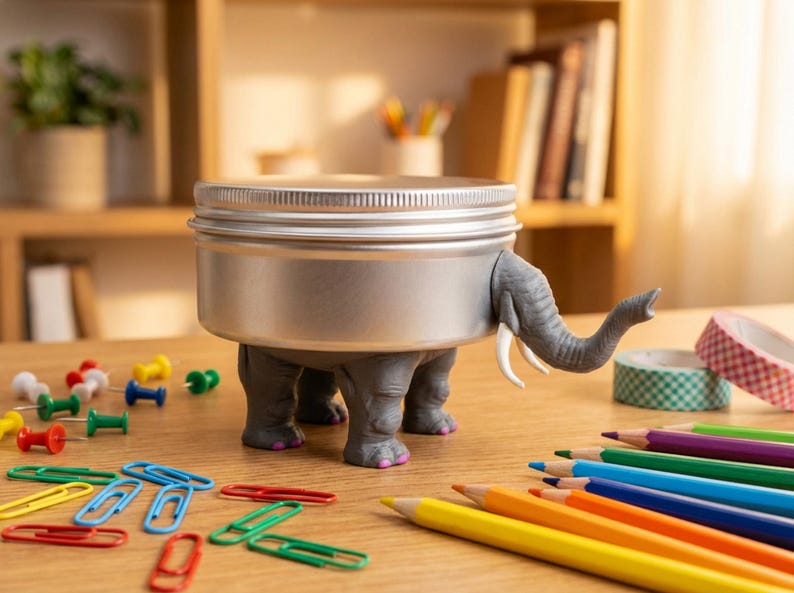 Side profile of the textured elephant tin, highlighting its whimsical pink toenails and curved trunk. This unique secret compartment stash tin makes the ultimate gift for elephant lover decor fans. The detailed, highly tactile design shows exactly why this serves as a perfect custom quirky novelty tin gift. If you are looking to buy weirdcore aesthetic room decor, this delightfully odd pachyderm is exactly what your desk needs.