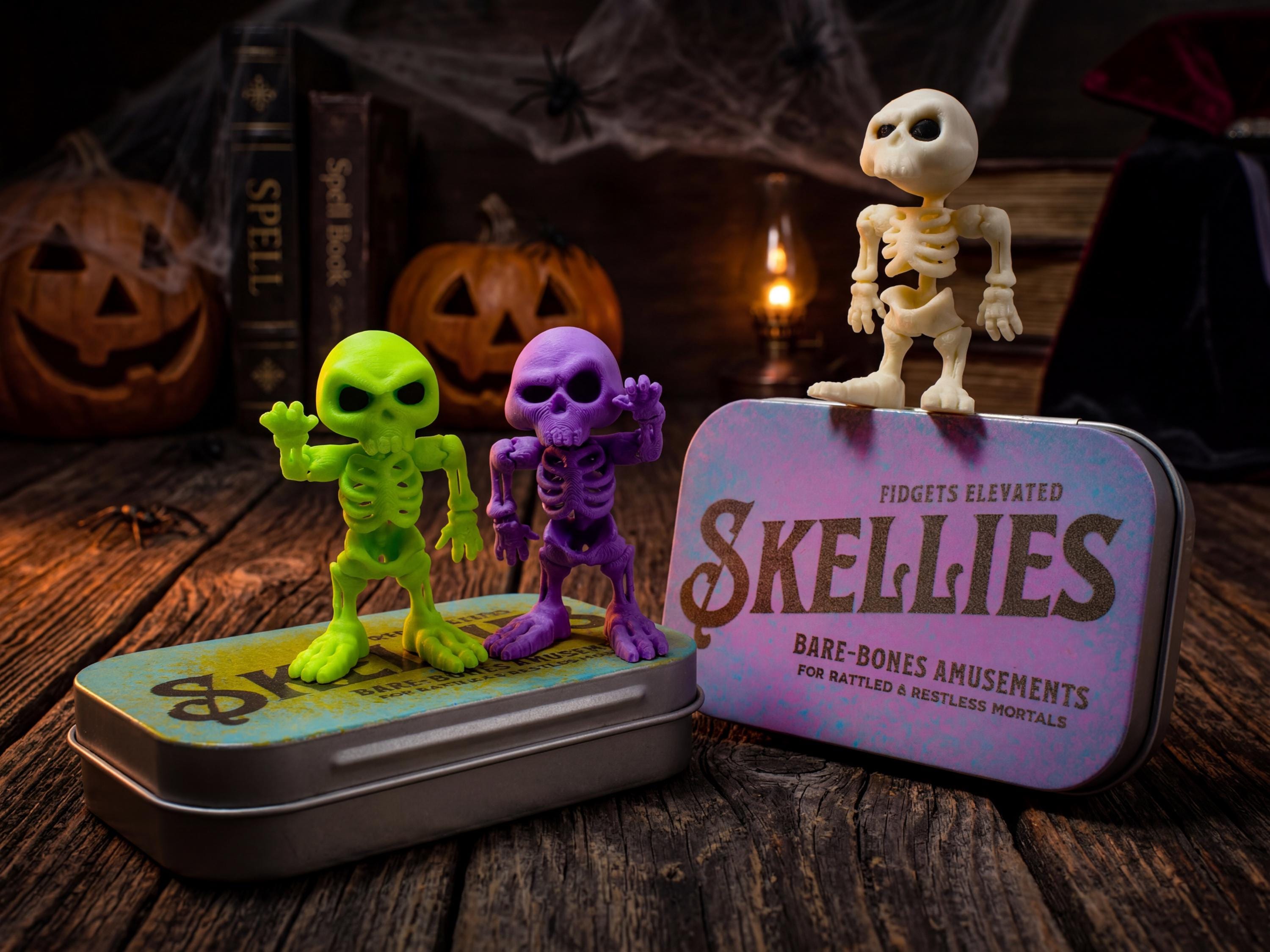 3 Miniature Skeletons in a Retro Tin: Chaotic Spooky Desk Toy, Dopamine Decor Halloween Office Gift, Neon Miniature Blind Box product image