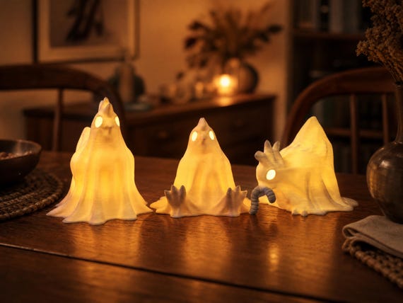 Glowing Chicken Ghost Trio: Cute Spooky LED Lamp Cozy Witchy Accents, Macabre Desk Bird Weirdcore Room Decor, Goblincore Dopamine Gifts