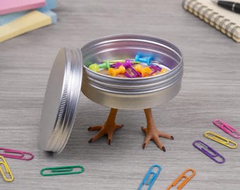 Chicken Leg Desk Organizer Funny Cubicle Gift: Weird Office Holder Novelty Stash Box, Quirky Paperclip Tin Container, Silly Coworker Trinket