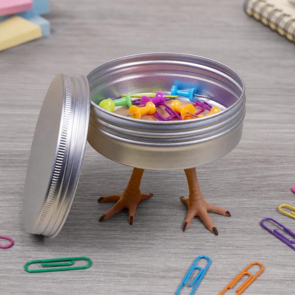 Chicken Leg Desk Organizer Funny Cubicle Gift: Weird Office Holder Novelty Stash Box, Quirky Paperclip Tin Container, Silly Coworker Trinket