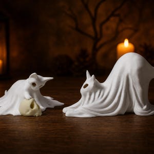 The left profile of the stretching ghost cat looking at the kitten ghost with a skull, arranged as a whimsigoth Halloween decoration on a wooden table.