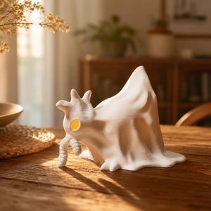 Sunlit in the late afternoon, this chicken ghost figure with a worm in its beak rests on a dining table surrounded by cozy room decor. This macabre desk bird is a delightful pastel goth oddity and weirdcore room decor piece. Functioning as a cute spooky led lamp, it casts a warm vibe ideal for alt dark aesthetic styling. Great for coop accessories or whimsigoth gifts, this funny glowing fowl delivers goblincore dopamine and cozy witchy accents to any well-curated magical space.
