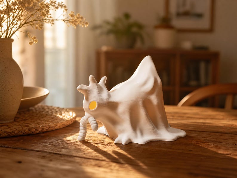 Sunlit in the late afternoon, this chicken ghost figure with a worm in its beak rests on a dining table surrounded by cozy room decor. This macabre desk bird is a delightful pastel goth oddity and weirdcore room decor piece. Functioning as a cute spooky led lamp, it casts a warm vibe ideal for alt dark aesthetic styling. Great for coop accessories or whimsigoth gifts, this funny glowing fowl delivers goblincore dopamine and cozy witchy accents to any well-curated magical space.