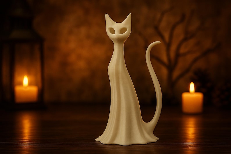 A cream-coloured cat ghost figurine with an elongated body and tail. The witchy cat has a stylised design with large eye sockets and a flowing, draped gothic form. The background features candles and a dark, textured backdrop, creating a warm atmosphere.