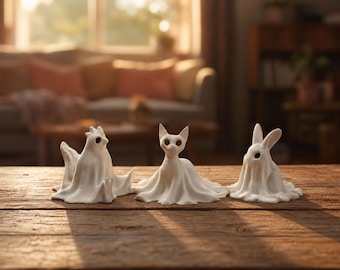 May include: Three white ceramic figurines of a chicken, cat, and rabbit, each draped in a ghostly sheet. The figurines are arranged on a wooden surface, with a blurred background of a living room.