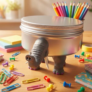 An tin with elephant legs and trunk on a desk surrounded by dopamine decor stationery. If you are looking to buy tactile adhd fidget desk accessories, this unique gaming accessories gift ready item is a popular goblincore room decor gift that feels great to hold.
