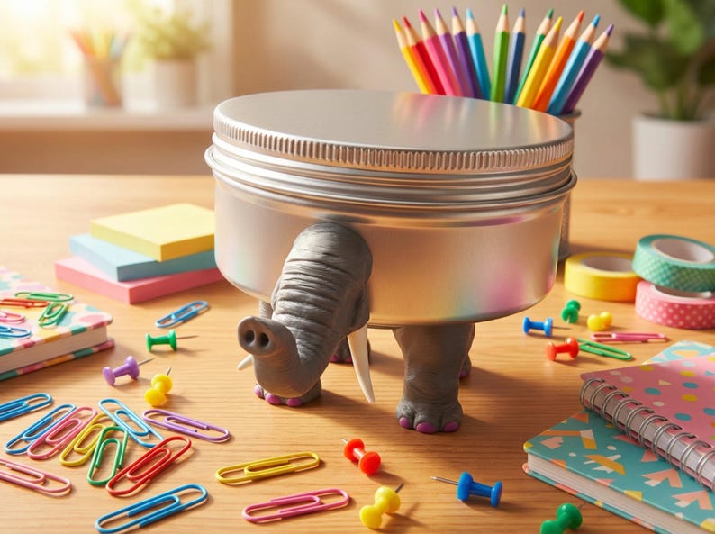 An tin with elephant legs and trunk on a desk surrounded by dopamine decor stationery. If you are looking to buy tactile adhd fidget desk accessories, this unique gaming accessories gift ready item is a popular goblincore room decor gift that feels great to hold.