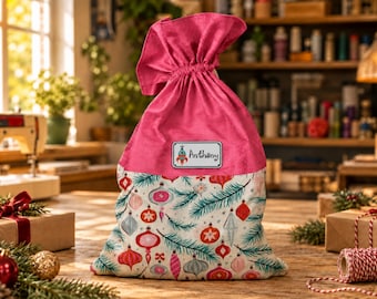 May include: A drawstring gift bag featuring a solid pink velvet top and a white bottom section patterned with colourful Christmas ornaments and pine branches. A rectangular label on the front displays a rocket ship icon and the name Anthony.