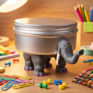 May include: A silver metal container with a ridged lid, supported by a gray elephant figurine with white tusks and pink toenails. The container is on a wooden desk with colorful office supplies.