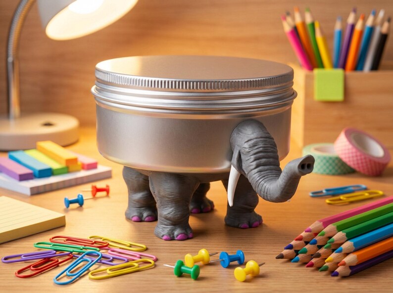 A whimsical, textured elephant-shaped container sitting on a desk workspace. This weirdcore elephant stash box features a highly tactile, ridged surface. It serves as a unique dopamine decor desk buddy, standing out against traditional minimalist office supplies. Perfect as a ready to ship elephant tin for anyone needing a quirky workspace organizer in stock.