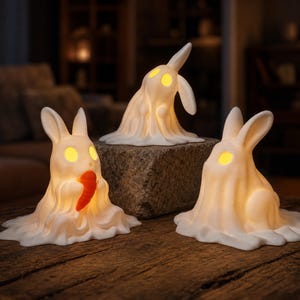 May include: Three white, glowing rabbit-shaped ghost figurines. One rabbit holds an orange carrot, one is positioned on a stone, and one sits on a wooden surface. Each figure features illuminated yellow eyes and a smooth, draped, sheet-like appearance.