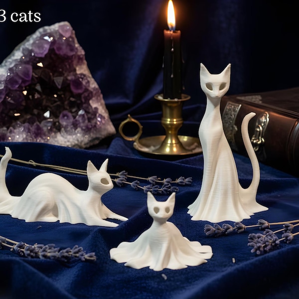 Set of 3 Cat Ghost Statues: White Gothic Home Decor for Spooky Shelves and Oddity Collections
