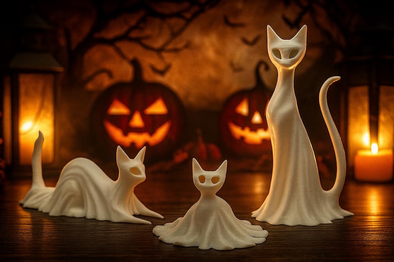 May include: Three white cat figurines in various poses, with a Halloween theme. The cats are in a spooky setting with carved pumpkins and candles in the background. The figurines are made of a smooth material.