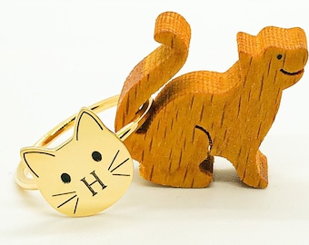 Anillo de gatito en plata de ley con inicial: joyería conmemorativa de gatos