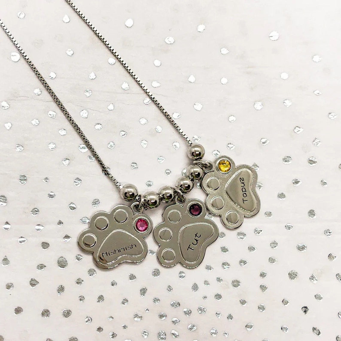 Sterling Silver Paw Print Birthstone Necklace - Personalized Pet ...