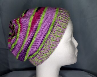 Striped beanie - pinks. purples, and lime green