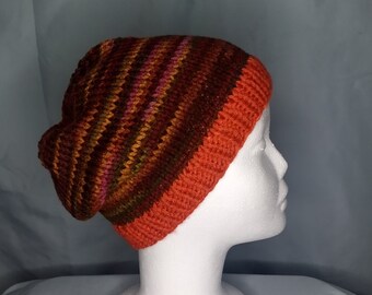 Earthy toned beanie with orange brim