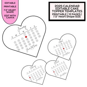 Topos de bolo de coração Calendário 2025, Modelo de calendário de topper de bolo queimado, Cobertura de açúcar, Papel de wafer, Topo de bolo, Canva editável