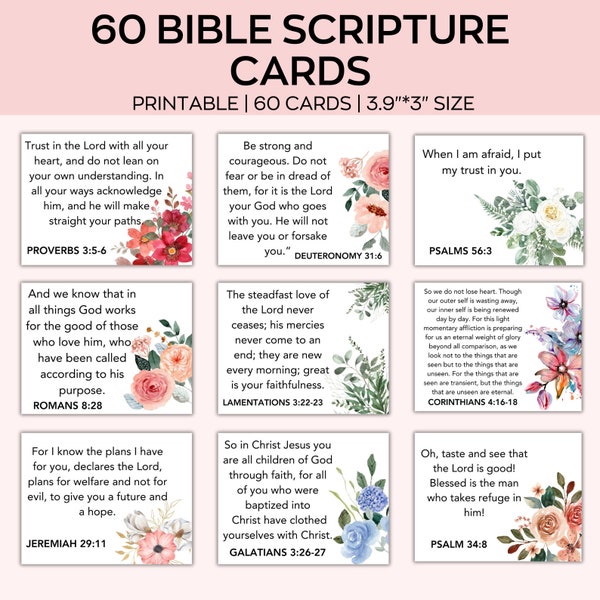 60 Bible Scripture Cards ,Encouragement Bible Verse,Bible Verse Cards,Bible Study Printable ,Printable Prayer ,Bible Memory Verse