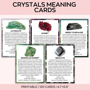 May include: A set of printable crystal meaning cards. The cards feature images of various crystals like Actinolite, Garnet, and Green Tourmaline, along with descriptions. The cards measure 4.1" x 5.5" and include information about chakras and zodiac signs.
