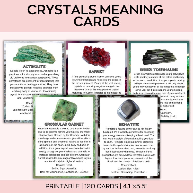 May include: A set of printable crystal meaning cards. The cards feature images of various crystals like Actinolite, Garnet, and Green Tourmaline, along with descriptions. The cards measure 4.1" x 5.5" and include information about chakras and zodiac signs.