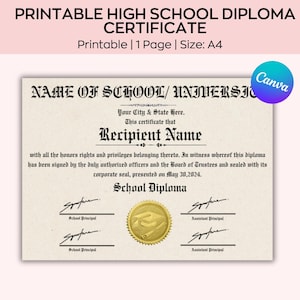 Printable GED Diploma, Graduation Certificate,  Award Keepsake, High School Diploma certificate, Printable Certificate With Seal.