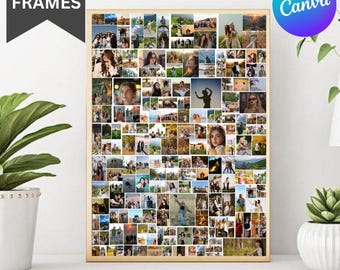 Op de afbeelding: Een goudkleurige fotocollage met veel kleine foto's van mensen en scènes. De lijst is goudkleurig en de collage is gemarkeerd met "200 FRAMES" in de linkerbovenhoek. Het Canva-logo is rechtsboven zichtbaar.