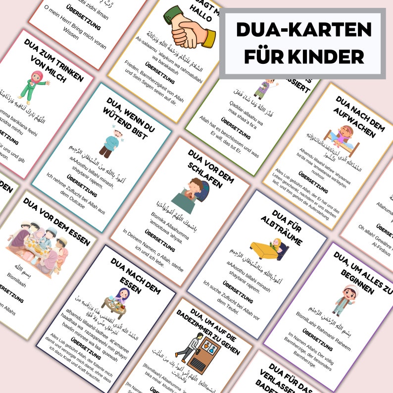 May include: A set of flashcards with Arabic script and German translations, featuring illustrations of children and daily routines. The cards are titled "DUA-KARTEN F&Uuml;R KINDER" and are designed for educational purposes.