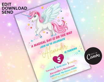 Unicorn Rainbow Birthday Party Invitation Template, Editable Unicorns Rainbows Sparkles and Gold Invite Pastel, 6th Birthday Girl