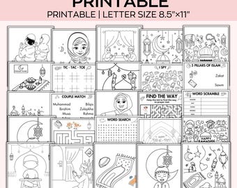 May include: A collection of Ramadan-themed activity pages, including coloring pages, word searches, and mazes. The printable set features various Islamic symbols and phrases, perfect for educational and fun activities. The pages are designed for letter size 8.5"x11" paper.