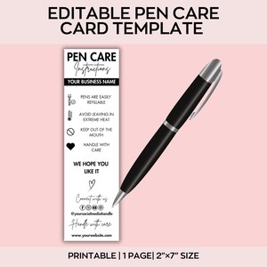 May include: A black pen with silver accents is positioned diagonally next to a white pen care instruction card. The card includes text such as "Pen Care Instructions", "Pens are easily refillable", and social media handles. The card is 2"x7" in size.