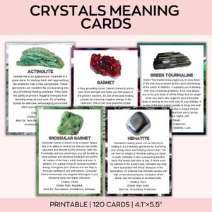 Puede incluir: Un conjunto de tarjetas imprimibles con el significado de los cristales, con varias piedras preciosas como la actinolita, el granate y la turmalina verde. Cada tarjeta incluye el nombre, las propiedades y los beneficios del cristal. Las tarjetas miden 10,4 cm x 14 cm.