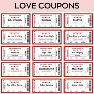 Op de afbeelding: Een set liefdesbonnen met een rood en wit ontwerp. Elke bon heeft een unieke activiteit, zoals "Bake a Cupcake" of "Road Trip". De woorden "Love Coupons" staan bovenaan.