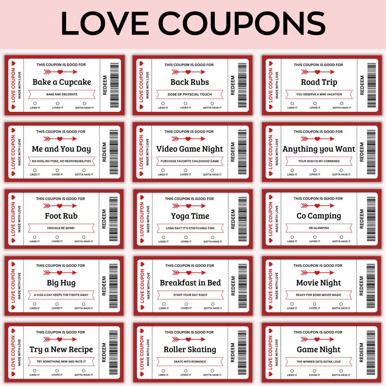 Op de afbeelding: Een set liefdesbonnen met een rood en wit ontwerp. Elke bon heeft een unieke activiteit, zoals "Bake a Cupcake" of "Road Trip". De woorden "Love Coupons" staan bovenaan.
