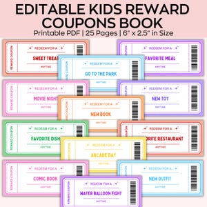 印刷可能なキッズリワードクーポン、編集可能なクーポンブック、キッズリワードテンプレート、誕生日クーポン、キッズリワードバックス