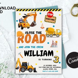 Convite de construção editável, convites de aniversário de construção, convite para festa de caminhão basculante, modelo para impressão Digital Download instantâneo