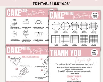 Editable Cake Care & Cutting Guide canva Template,Printable Cake Business Thank You,Cake Care Printable Card, Cake Serving Instructions