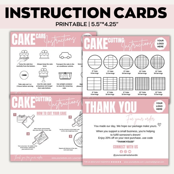 Editable Cake Care & Cutting Guide canva Template,Printable Cake Business Thank You,Cake Care Printable Card, Cake Serving Instructions